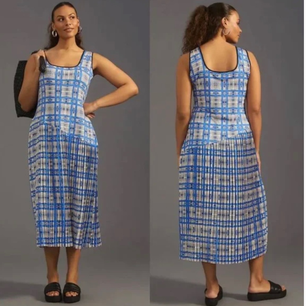 NWT Anthropologie Dhruv Kapoor Plaid Midi Dress 2X $210 Blue Black Sundress